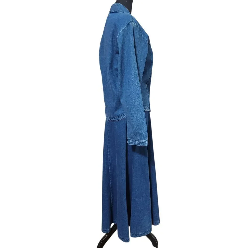 Vintage Waco Denim Outfit Womens Size 4 XS S Blue Jean Long Full Skirt Jacket